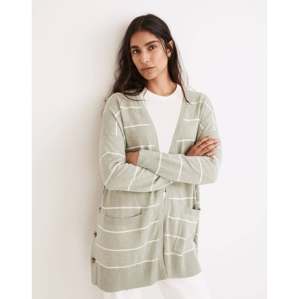 Madewell NWT Striped Marlton Side-Button Cardigan Sweater in Frosted Sage Large